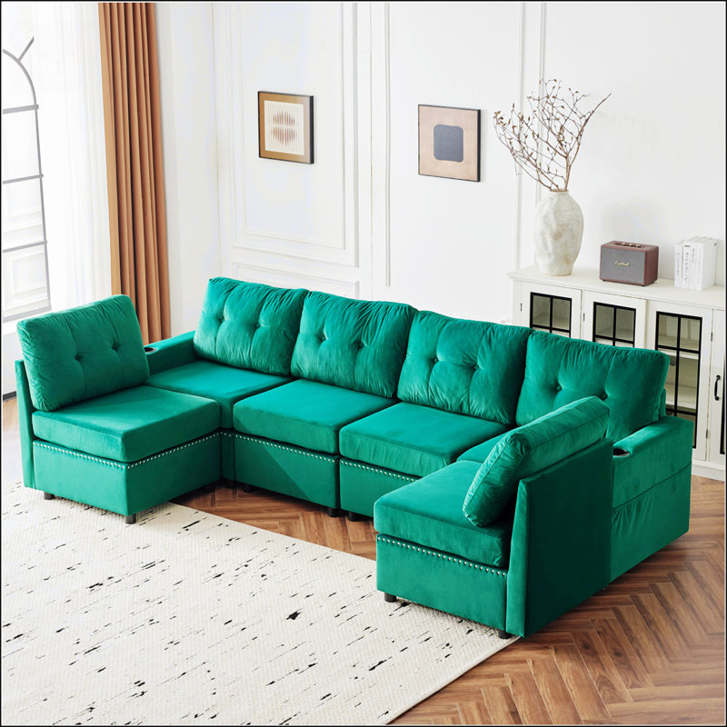 Velvet Modular Combination Sofa With Storage Living Room Combination Sleeper Sofa Green